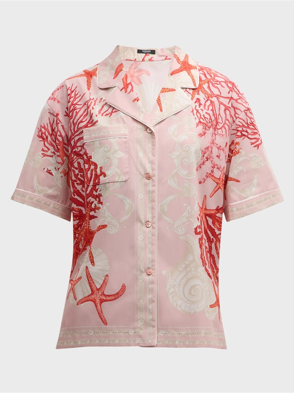 Versace Holiday Scarf-Print Short-Sleeve Cotton Poplin Pajama Shirt